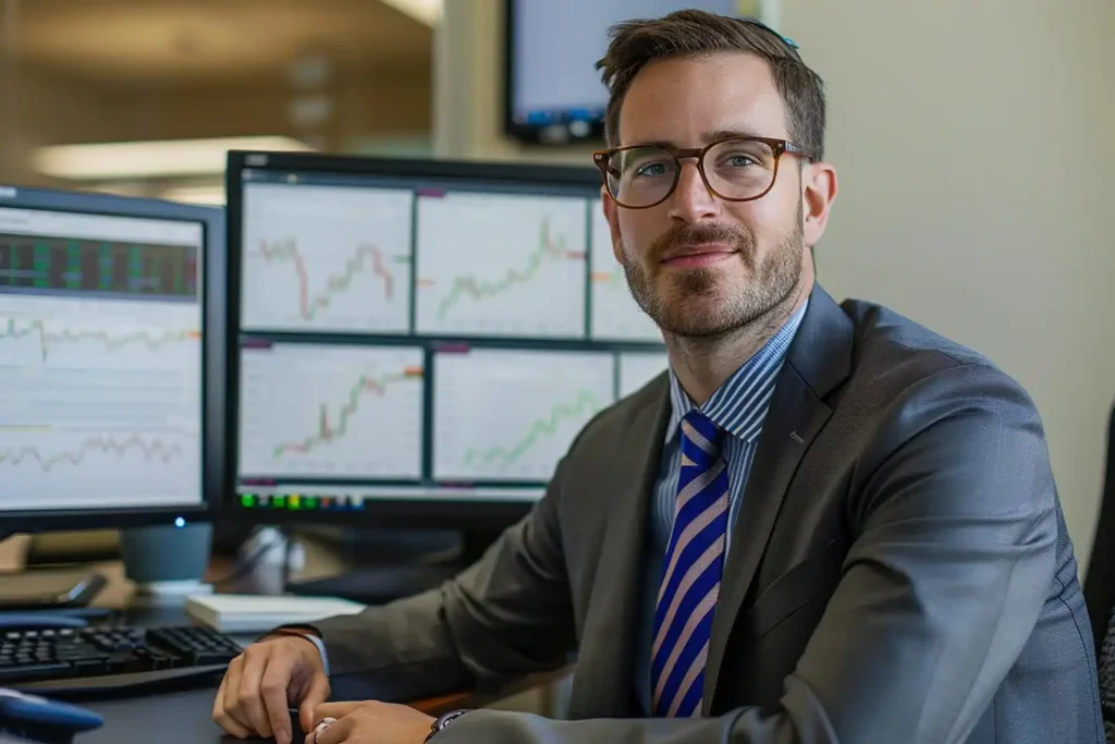 Analista de crédito em um escritório com múltiplos monitores exibindo gráficos financeiros, simbolizando o novo papel do profissional na era dos dados.