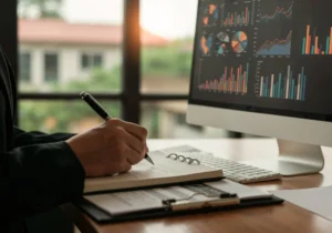 escrita caderno graficos financeiros negocios monitor de análise de crédito no agronegócio