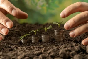 Imagem de uma mão plantando mudas de plantas crescentes em moedas empilhadas, simbolizando crescimento econômico e sustentabilidade.