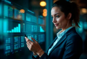 Mulher em ambiente de escritório analisando gráficos e dados em uma tela digital, usando smartphone, retrato de perfil, ambiente de tecnologia e inovação.