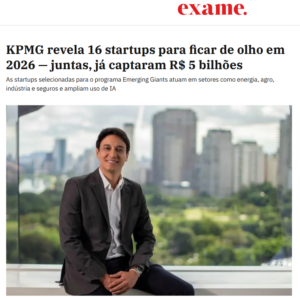 Captura de tela da Exame noticiando a seleção da KPMG de 16 startups com alto potencial de crescimento para 2026.