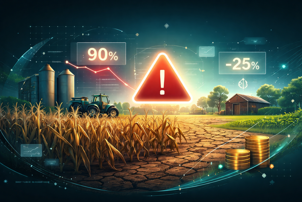 Ilustração digital sobre inadimplência no crédito rural mostrando um campo de milho seco, solo rachado e um grande sinal de alerta vermelho centralizado entre gráficos financeiros de queda e moedas empilhadas.