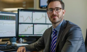 Analista de crédito em um escritório com múltiplos monitores exibindo gráficos financeiros, simbolizando o novo papel do profissional na era dos dados.