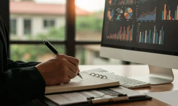 escrita caderno graficos financeiros negocios monitor de análise de crédito no agronegócio