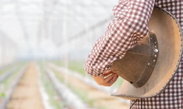 imagem de um agricultor em um ambiente de estufa usando um chapeu