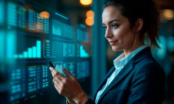 Mulher em ambiente de escritório analisando gráficos e dados em uma tela digital, usando smartphone, retrato de perfil, ambiente de tecnologia e inovação.